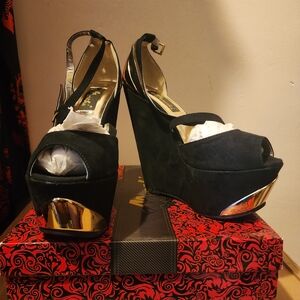 Black Suede Wedge Peep-Toe Heels with Gold Accent and Ankle Strap